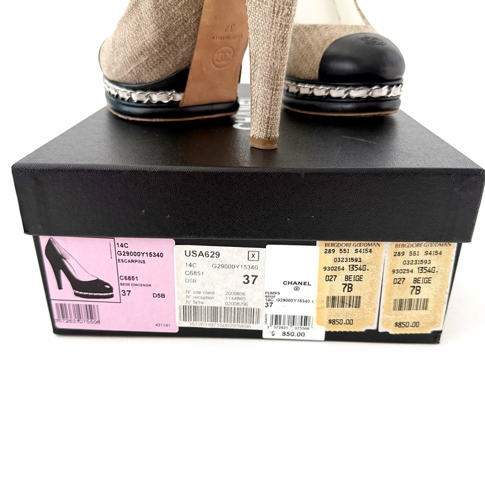 CHANEL | Beige Tweed & Black Cap Toe Platform Pumps with Chain Detail EU 37 - Picture 16 of 16